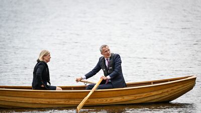 Sweden's Prime Minister Magdalena Andersson and Nato Secretary General Jens Stoltenberg in a rowing boat at a Swedish government retreat. EPA