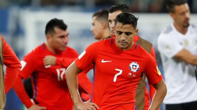 Alexis Sanchez looks dejected after his Chile team lost the Confederations Cup final to Germany at Saint Petersburg Stadium, St. Petersburg, Russia on Sunday, July 2, 2017.