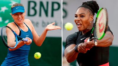 Maria Sharapova, left, and Serena Williams, right, will play each other for the 21st time in the French Open fourth round on Monday. Thomas Samson / AFP