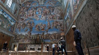 Works set up a chimney in the Sistine Chapel, which will be used to communicate when a new pontiff has been chosen. The Catholic church conclave to elect a replacement for the late Pope Francis will begin on May 7. AFP
