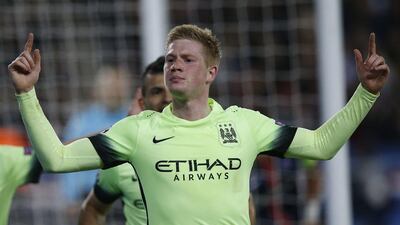 Kevin De Bruyne of Manchester City celebrates scoring against Paris Saint-Germain in the Champions League on Wednesday. Guillaume Horcajuelo / EPA / April 6, 2016