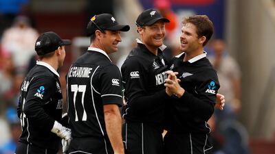 Guptill, Colin de Grandhomme and Ferguson celebrate. Reuters