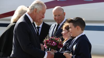 The king is greeted as he arrives at Belfast City Airport. Getty Images