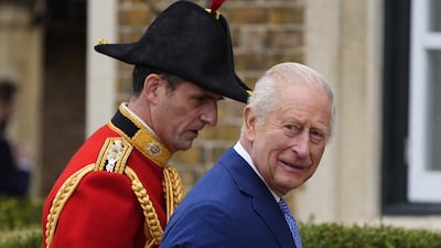 King Charles III, right, and an officer of the Sovereign's Escort at Windsor Castle, before the arrival of US President Donald Trump and first lady Melania Trump on September 17, 2025. Getty Images