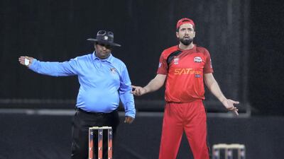 Sharjah's Rohan Mustafa can't believe a no ball has been given.