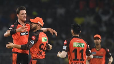 Sunrisers Hyderabad's Marco Jansen, left, after taking the wicket of Kolkata Knight Riders' Venkatesh Iyer. AFP