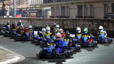 A view of the start of the Senior SWS Series race at Dubai Kartdrome on Monday night. Photo Courtesy / Dubai Kartdrome