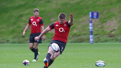 Owen Farrell practices his kicking during the England training session held at Pennyhill Park on Monday. David Rogers / Getty Images / November 3, 2014