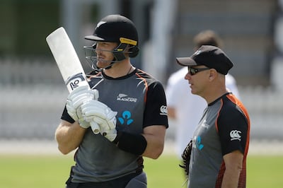 New Zealand opener Martin Guptill, seen chatting with coach Gary Stead, has one more chance to make amends for a poor World Cup outing. Matt Dunham / AP Photo