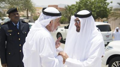 Sheikh Mohammed bin Zayed, Crown Prince of Abu Dhabi and Deputy Supreme Commander of the Armed Forces, offers condolences to Mohammed Eissa Al Hammadi (C), father of Sgt Abdullah Mohamed Eissa Al Hammadi. Hamad Al Kaabi / Crown Prince Court — Abu Dhabi