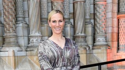 Zara Tindall, wearing a grey and red patterned BA&SH dress, attends the Tusk Ball 2022 at the Natural History Museum, London on May 19, 2022. Getty Images