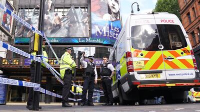 Police at the scene of a stabbing in Shaftesbury Avenue, central London. Getty Images
