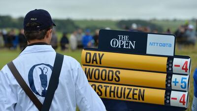 A mobile scoreboard displays Tiger Woods's troubles on the opening day of the 2015 Open Championship on Thursday. Glyn Kirk / AFP