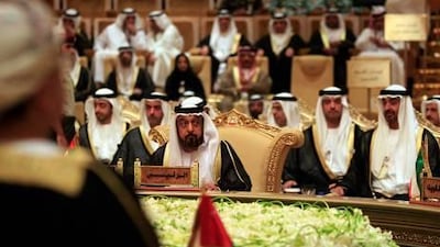 Sheikh Khalifa, the President of the UAE, attends the first day of the GCC summit held at Emirates Palace in the capital yesterday.