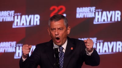 Leader of Turkey's main opposition Republican People's Party, Ozgur Ozel, gestures as he gives a speech during the party's extraordinary congress in Ankara, Turkey, 21 September 2025. EPA