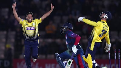 Adam Wheater, wicketkeeper of Hampshire, stumps Daniel Bell-Drummond of Kent off the bowling of Shahid Afridi during the NatWest T20 Blast match in 2016. Getty Images