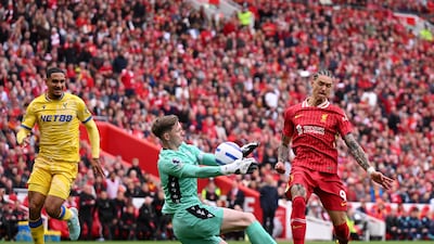 Darwin Nunez of Liverpool has a shot saved by Dean Henderson of Crystal Palace. Getty Images