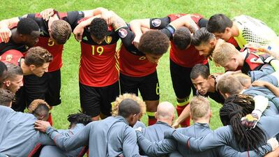 Belgium’s players huddle during the Euro 2016 Group E football match between Belgium and Republic of Ireland at the Matmut Atlantique stadium in Bordeaux on June 18, 2016. Mehdi Fedouach / AFP