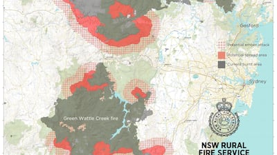 The potential areas where bushfires may spread in New South Wales, Australia are illustrated in a map obtained from the NSW Rural Fire Service. Reuters