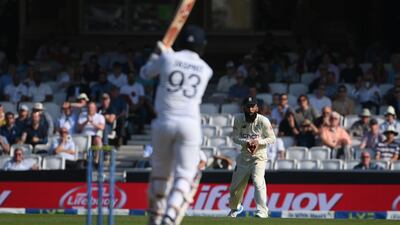 India's Jasprit Bumrah hits the ball straight to Moeen Ali and is out for 24. Getty
