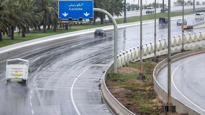Drivers were met with slippery conditions on the roads of Abu Dhabi. Victor Besa/The National.
