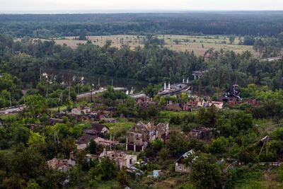 Houses destroyed in the Ukrainian village of Bohorodychne. AP