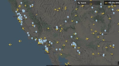 The airspace over Los Angeles on Sunday, March 29. Courtesy FlightRadar24.