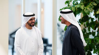 President Sheikh Mohamed speaks with Dr Omar Habtoor Al Darei, Chairman of the General Authority for Islamic Affairs, Endowments and Zakat, during a reception for the UAE Pilgrims’ Affairs Office delegation. UAE Presidential Court