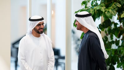 President Sheikh Mohamed speaks with Dr Omar Habtoor Al Darei, Chairman of the General Authority for Islamic Affairs, Endowments and Zakat, during a reception for the UAE Pilgrims’ Affairs Office delegation. UAE Presidential Court