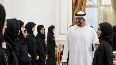 Sheikh Mohammed greets students participating in the UAE Youth Ambassadors Programme, which gives Emirati students the opportunity to study in South Korea and China. Ryan Carter / Crown Prince Court — Abu Dhabi