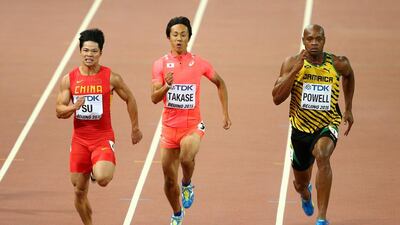 Bingtian Su of China, Kei Takase of Japan and Asafa Powell of Jamaica compete in the men’s 100-metre heats on Saturday at the 2015 World Championships in Beijing. Ian Walton / Getty Images