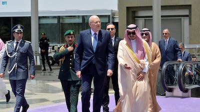 Lebanese Prime Minister Najib Mikati is received by Prince Badr as he arrives in Jeddah. Reuters