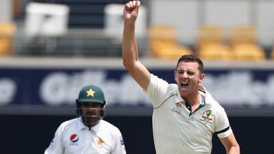 Josh Hazlewood of Australia celebrates after taking the wicket of Pakistan's Azhar. Getty