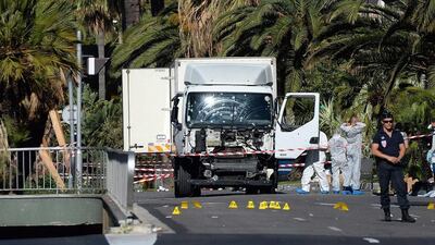 Police secure the area where a truck drove into a crowd during Bastille Day celebrations in Nice, France in July 2016. Andreas Gebert / EPA