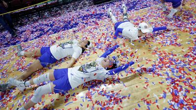 BYU's Shaylee Gonzales celebrates after defeating Gonzaga in an an NCAA college basketball game in Las Vegas. AP Photo