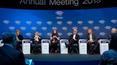 Sarah Al Amiri, Minister of State for Advanced Sciences, speaks on a panel during the World Economic Forum. Wam