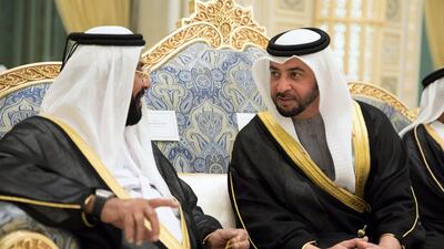 HH Sheikh Tahnoon bin Mohamed Al Nahyan, Ruler's Representative in Al Ain Region (L) and HH Sheikh Hamdan bin Zayed Al Nahyan, Ruler’s Representative in Al Dhafra Region (R), attend an MOU signing ceremony, at the Presidential Palace. Photo: Hamad Al Mansouri for Crown Prince Court - Abu Dhabi