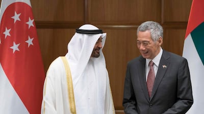 Sheikh Mohamed bin Zayed, Crown Prince of Abu Dhabi, with Lee Hsien Loong, Prime Minister of Singapore, during their meeting in Singapore. Eissa Al Hammadi
