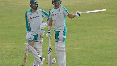 Australia's Mitchell Starc, right, and Nathan Lyon during a practice session at the Rawalpindi Cricket Stadium. AFP