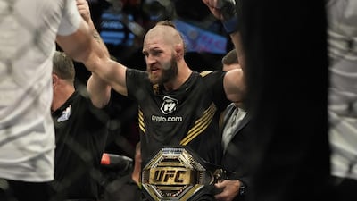 Czech Republic's Jiri Prochazka celebrates his win against Brazil's Glover Teixeira in their men's light heavyweight title match during the Ultimate Fighting Championship (UFC) 275 event in Singapore on June 12, 2022. (Photo by NICHOLAS YEO / AFP)