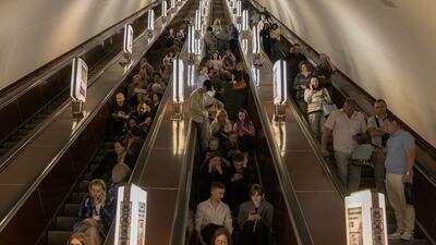 People sheltering in a subway station during a Russian missile attack. It was the 15th night of such action this month. Getty