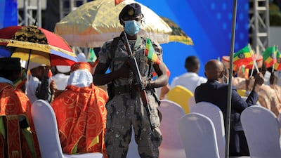 A police officer stands guard during a pro-government rally in Addis Ababa. Reuters