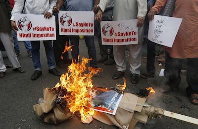 Protestors burn India's Home Minister Amit Shah in effigy during a protest against his proposal of 'One Nation, One Language'. Rupak De Chowdhuri / Reuters