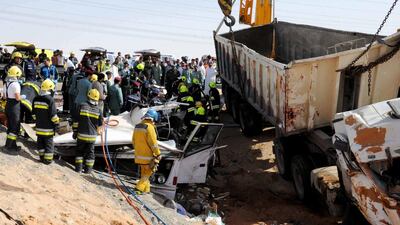 The accident on the Old Truck Road in Al Ain claimed the lives of 21 men in 2013. Courtesy Al Ain Police