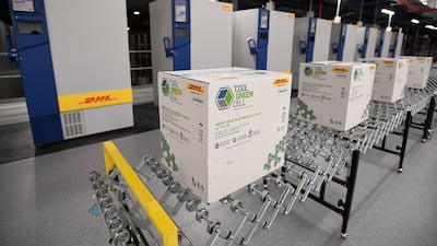 Packaging and fridges used to store Covid-19 vaccine are seen at a DHL facility in Sydney, Australia. EPA