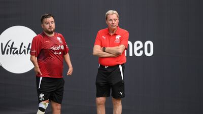 Alex Brooker and Harry Redknapp during a Soccer Aid training session. Getty