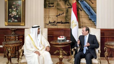 Sheikh Mohammed bin Zayed, Crown Prince of Abu Dhabi and Deputy Supreme Commander of the UAE Armed Forces (L), meets with Abdel Fattah El Sisi, President of Egypt (R), on April 10, 2018, at Cairo international Airport, commencing an official visit. Mohamed Al Hammadi / Crown Prince Court - Abu Dhabi
