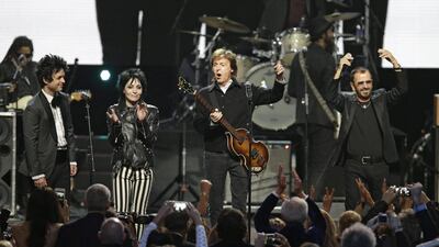 From left, Green Day's Billie Joe Armstrong, Joan Jett, and the former Beatles Paul McCartney and Ringo Starr at the Rock and Roll Hall of Fame induction ceremony in Cleveland, Ohio. Mark Duncan / AP Photo