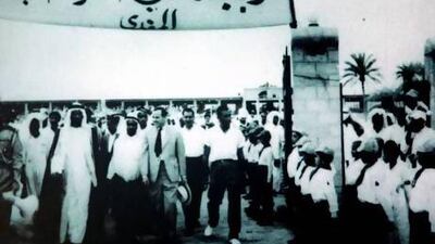 The late Sheikh Rashid bin Saeed Al Maktoum during a student festival at Al Ahmadiyya School in 1957. Wam