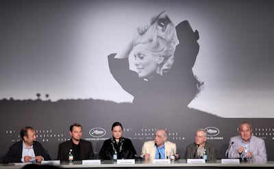 Left to right: Didier Allouch, Leonardo DiCaprio, Lily Gladstone, Martin Scorsese, Robert De Niro and Chief Standing Bear at the Killers of the Flower Moon press conference in Cannes on Sunday. Getty